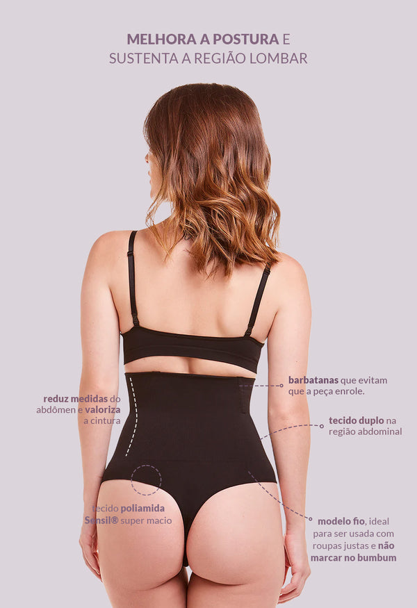 Calcinha Modeladora Abdominal Fio Dental Com Barbatana Afina Cintura Preto