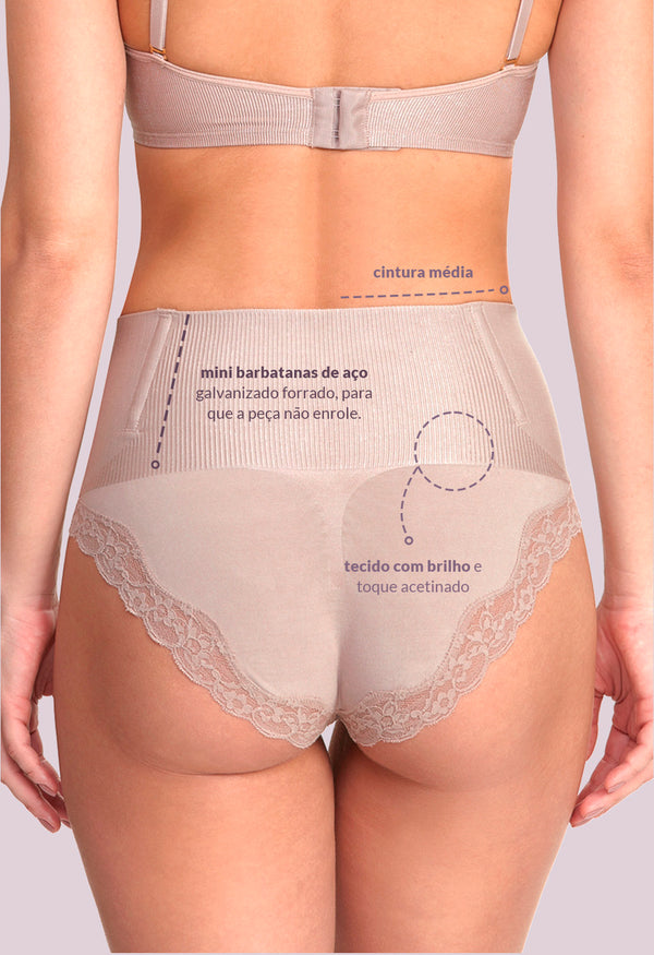 Calcinha Modeladora Cintura Alta Com Renda Afina Cintura Blush