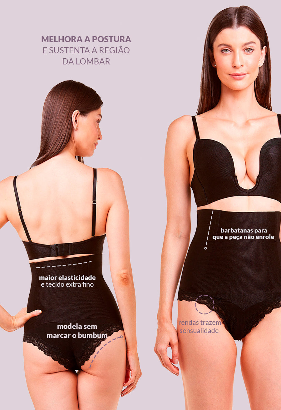 Calcinha Modeladora Abdominal Com Renda Afina Cintura Black