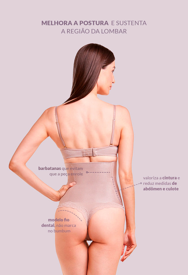 Calcinha Modeladora Abdominal Fio Dental Com Renda Afina Cintura Blush