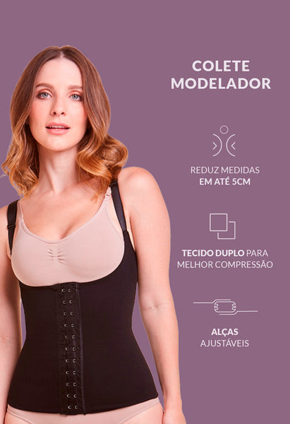 Colete Modelador Com Barbatana Tecido Duplo Preto