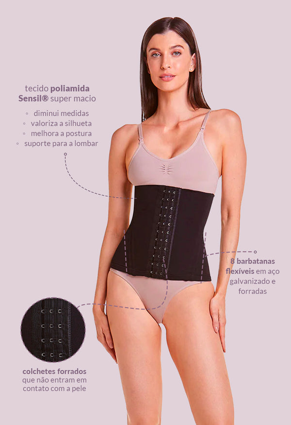 Corset Modelador Com Barbatana E Tecido Duplo Afina Cintura Preto