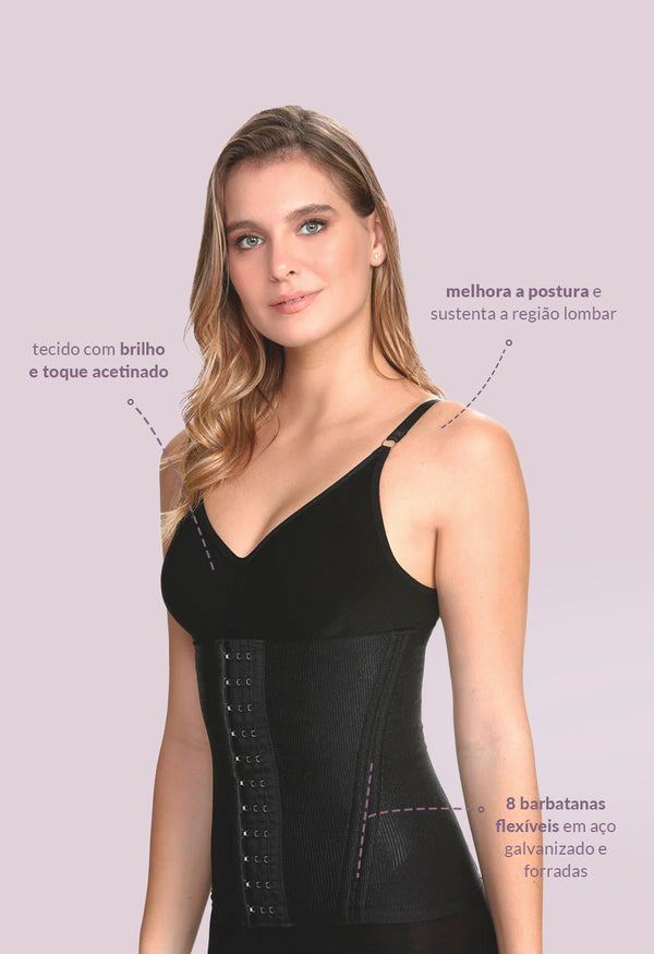 Corset Modelador Com Barbatana E Tecido Leve Afina Cintura Black