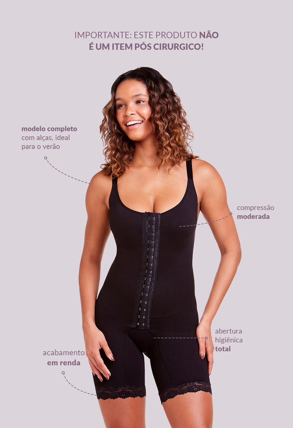Body Modelador Macaquinho Alça Fina Emana Ameniza Celulite Preto