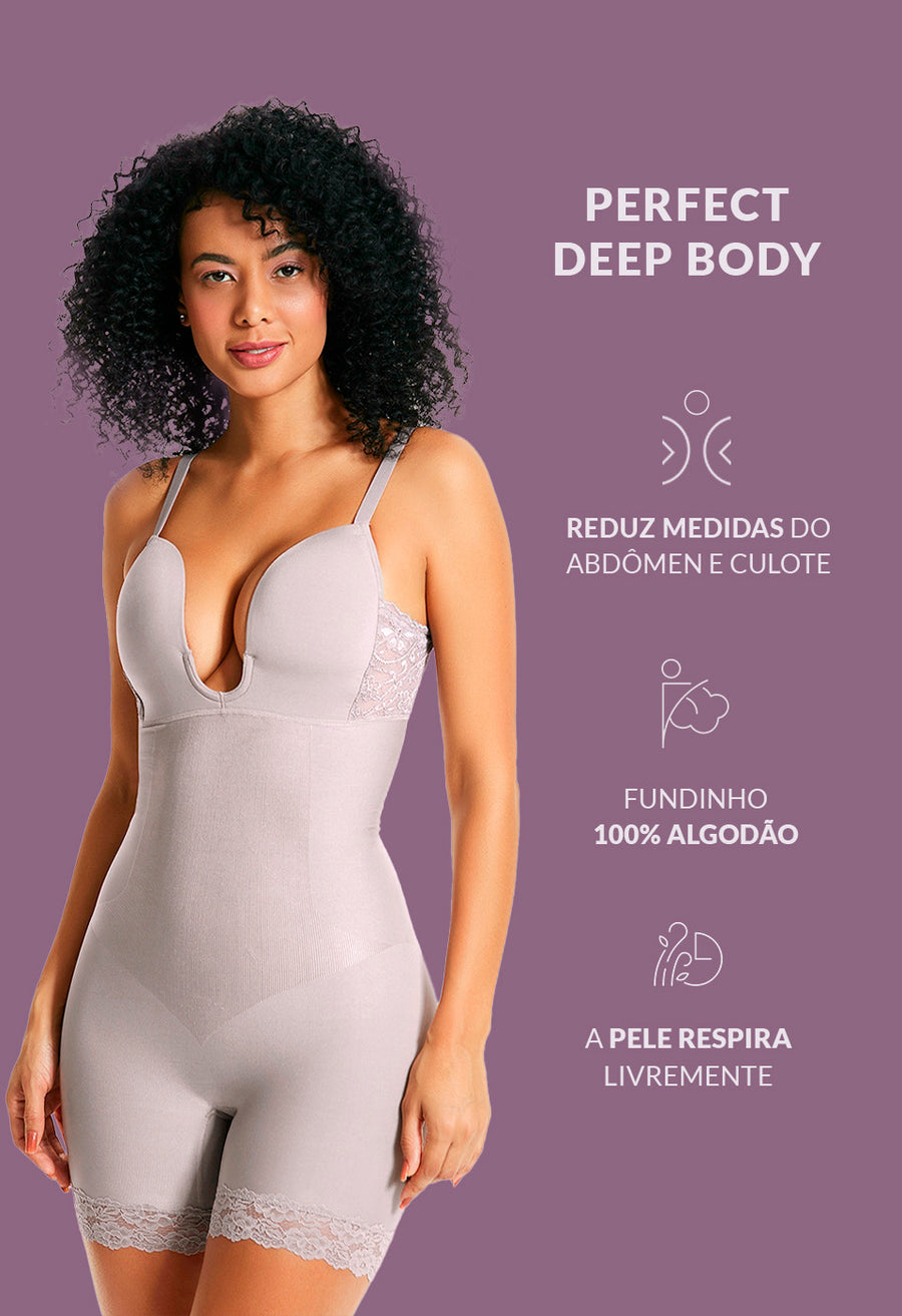 Body Modelador Macaquinho Decote Profundo Valoriza Os Seios Lavanda