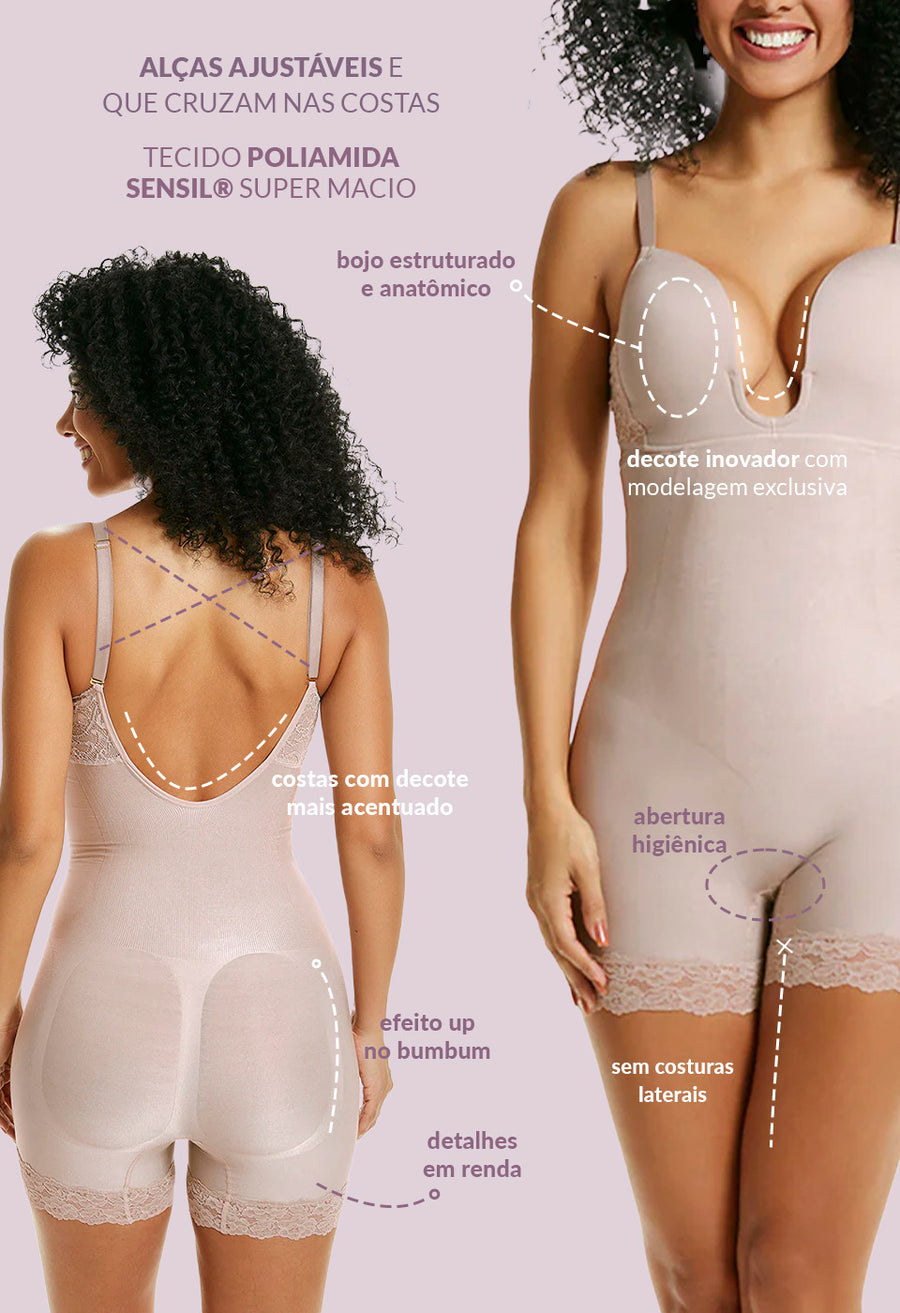 Body Modelador Macaquinho Decote Profundo Valoriza Os Seios Blush