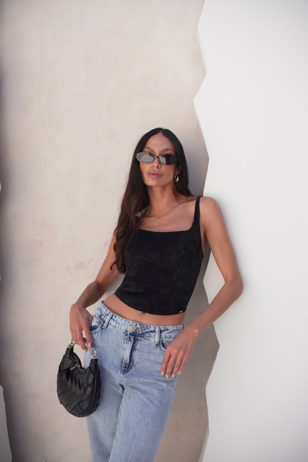Corset sem Bojo em Tule Aveludado Velvet Preto